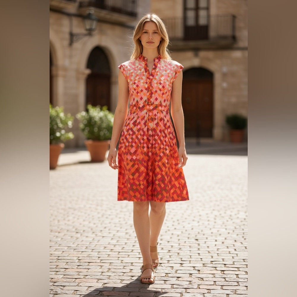 BCBGMAXAZRIA Geometric Coral Wrap Dress Belted Pink Orange Womens Small